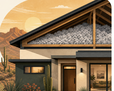 Modern Arizona home with a cutaway view of cellulose insulation in the attic